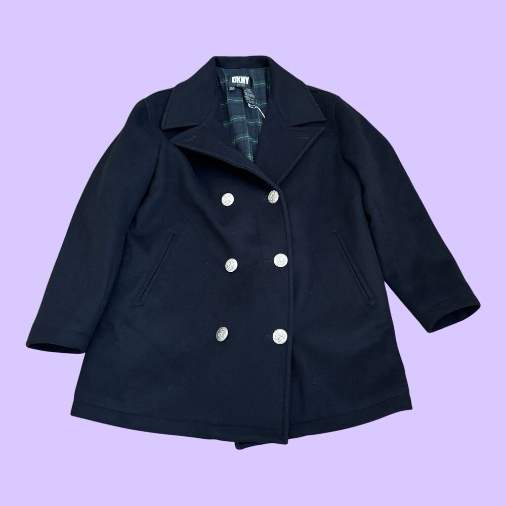 DKNY Jacket Womens Size Petite Medium Black Wool Blend Peacot Button Front
